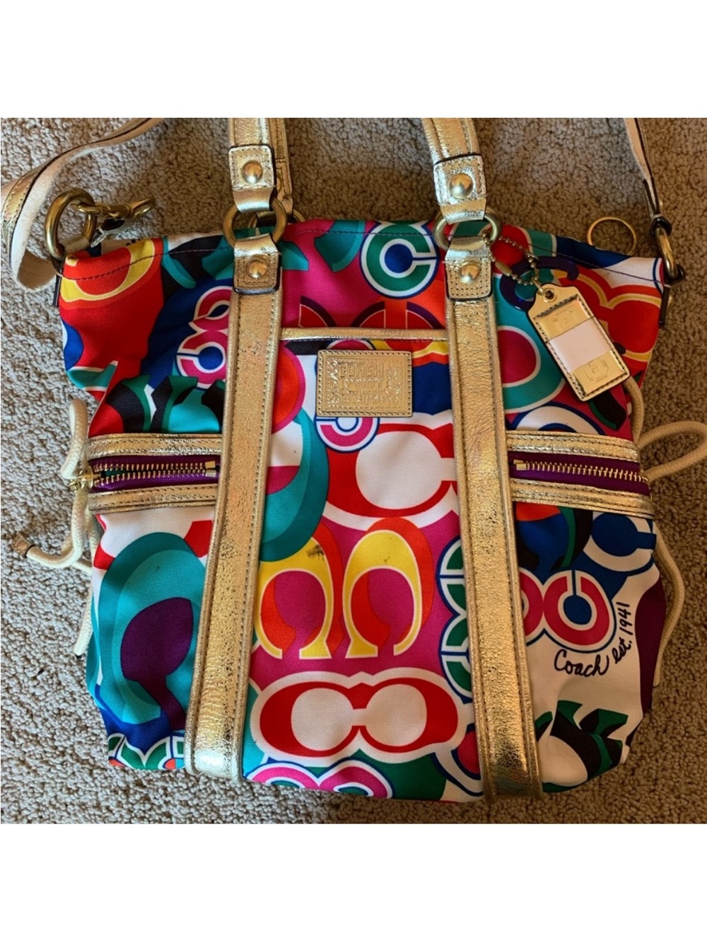 Coach Multicolor Signature Pattern Shoulder Bag with Gold Trim